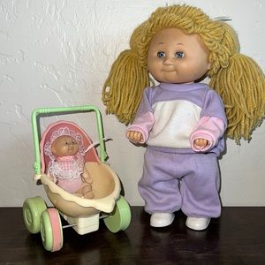 Cabbage Patch Doll, Baby and Stroller. 1981, 1985 original clothing, stickers